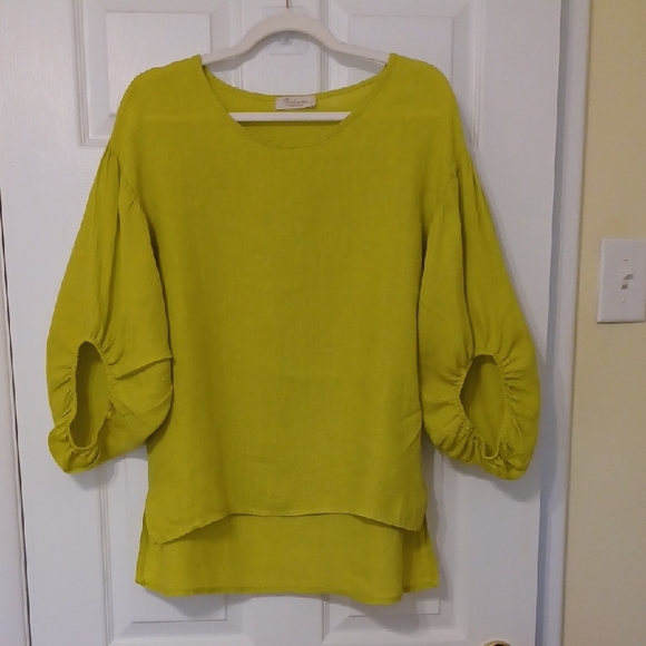 Bellambia Sz S, oversized, Elegant Lime Green Linen Tunic With Elbow Length Puff - Picture 1 of 9